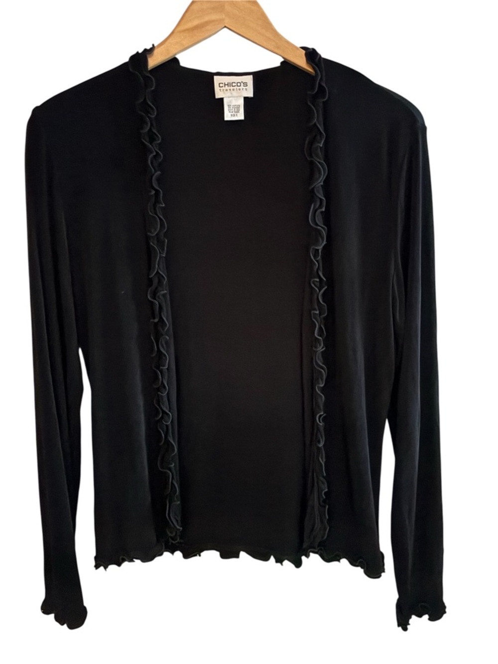 CHICOS Travelers | Womens Slinky Drape Open Lettuce Edge Cardigan Black